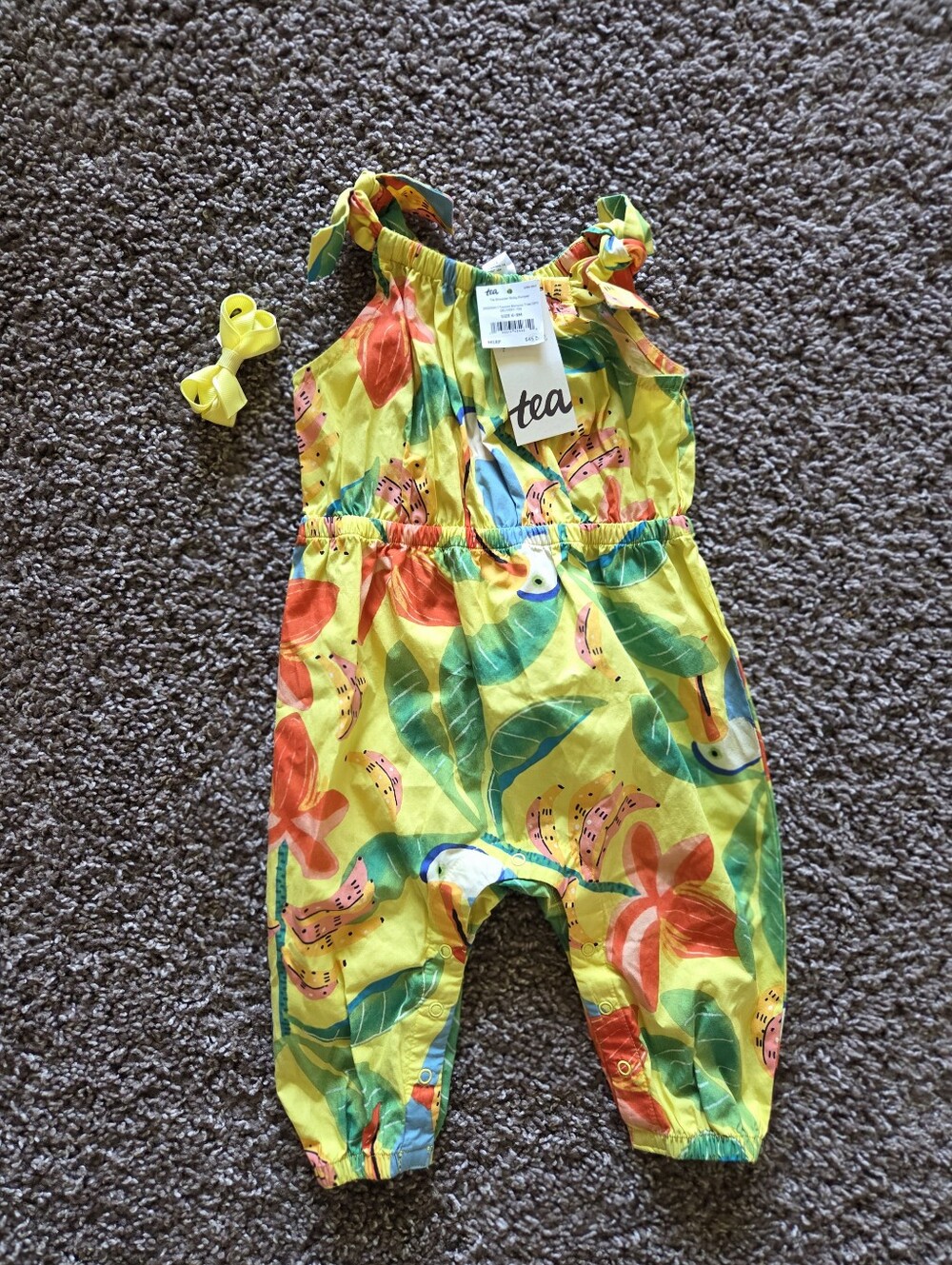 Tea Collection NWT Baby Girl Tropical Toucan Romper 6-9M Yellow Tie Shoulder